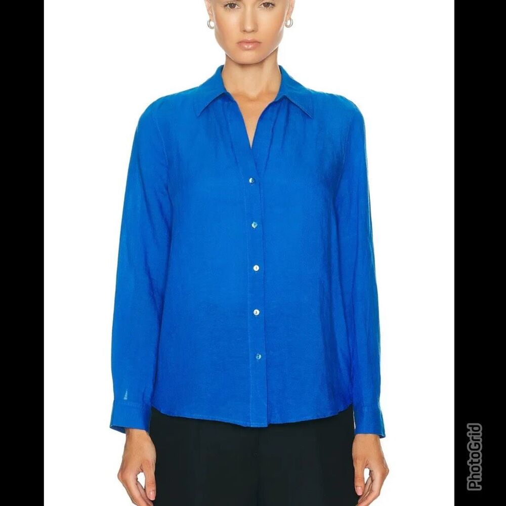 L’Agence Blue Button Down Blouse Linen Blend XL Women